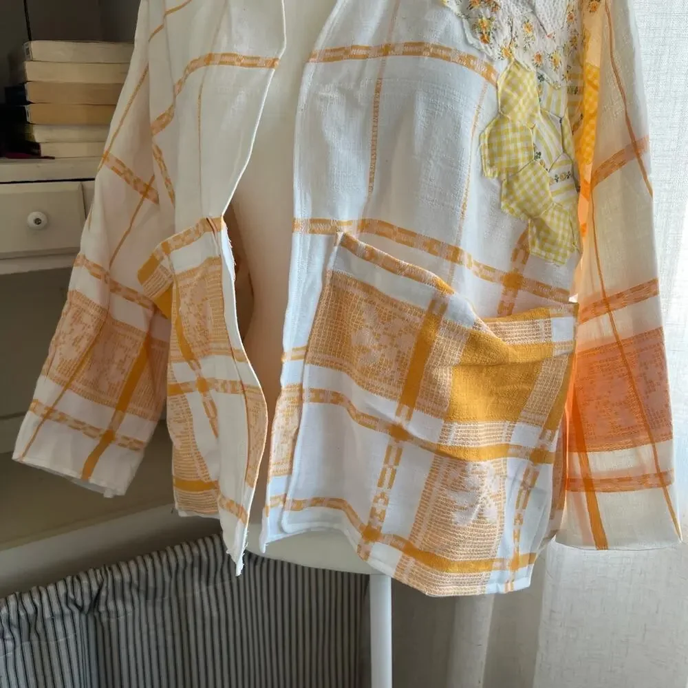 Vintage antique linen table cloth upcycled lightweight blazer cardigan large - Picture 3 of 5